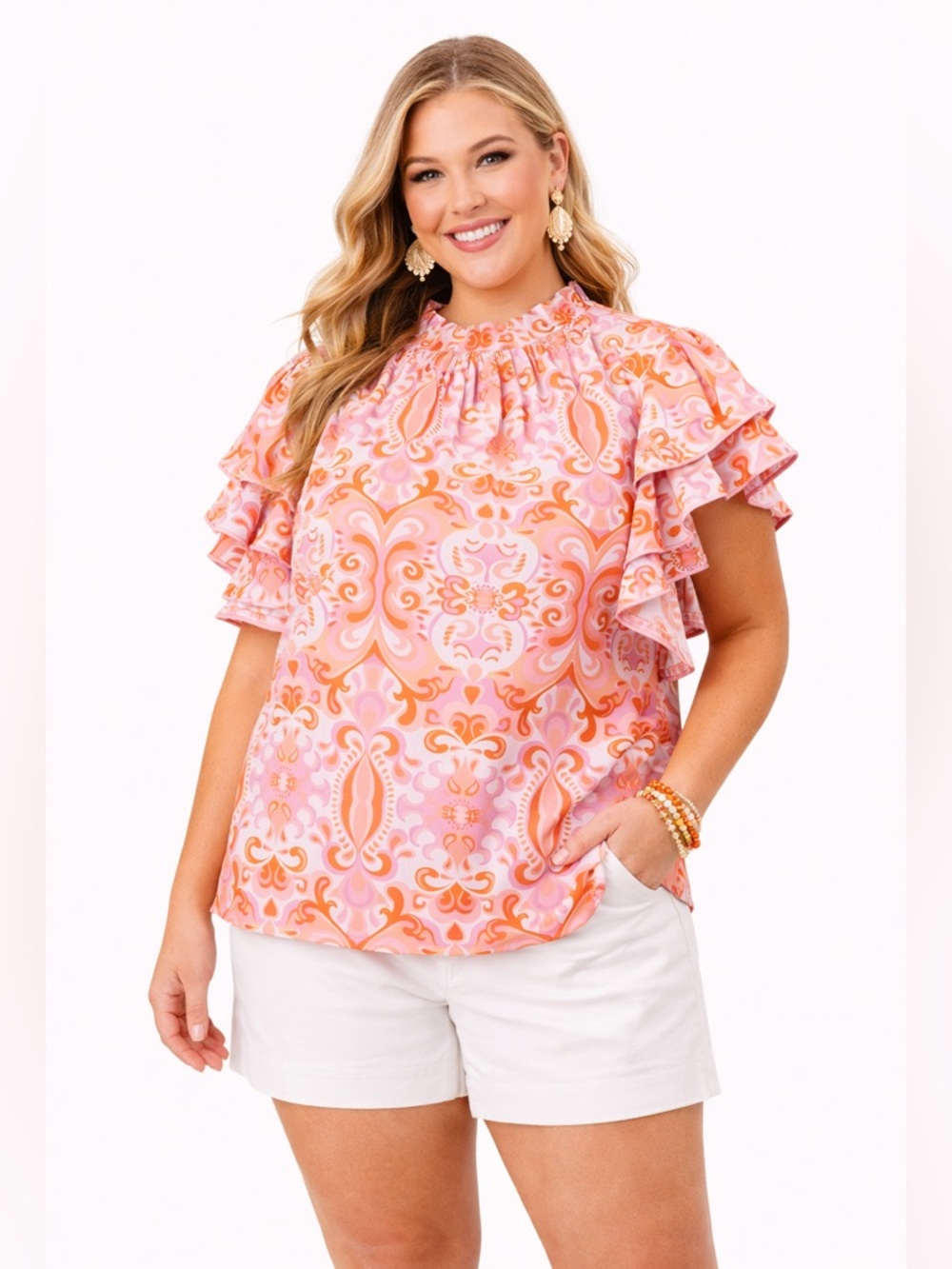 Chic Soul Ruffle Sleeve Boho Print Blouse 1X Pink Orange Retro Mod Artsy Top